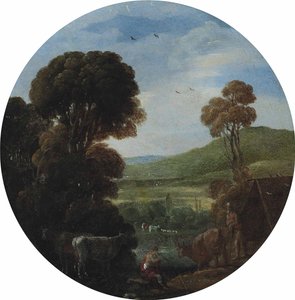 A Wooded River Landscape with Drovers and Their Cattle